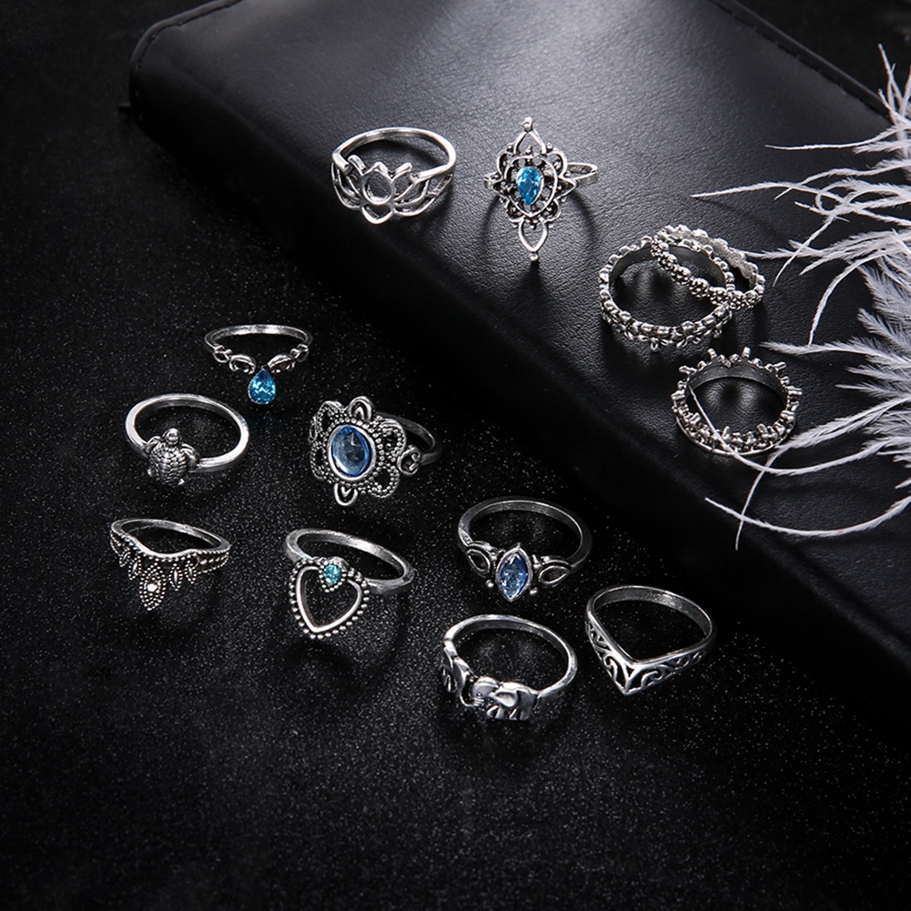 Hu Hu Hu Hu Hu Alat Bantu Pasang Kacamata♡ 13pcs Cincin Buku Jari Aneka Bentuk Warna Silver Gaya Boho Untuk Wanita