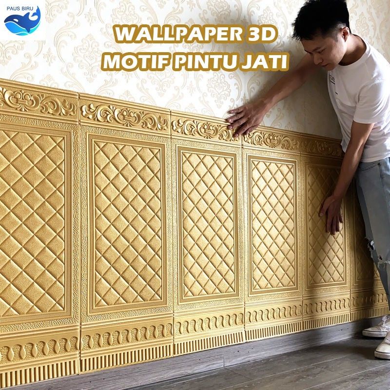 Wallpaper Foam 3D Motif Pintu Kayu Jati Gold Mewah