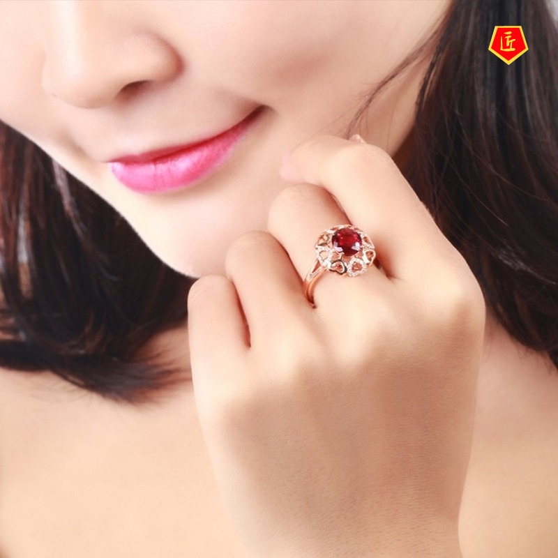 [Ready Stock]Inlaid Red Crystal Ruby Diamond Ring Fashion Elegant