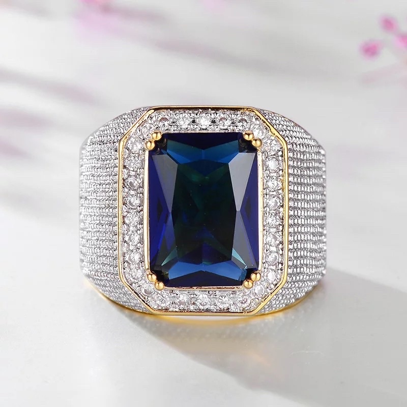 Cincin Batu Akik Safir Royal Blue Saphire Cubic Zirconia Mewah Elegan Ring Gold Platted