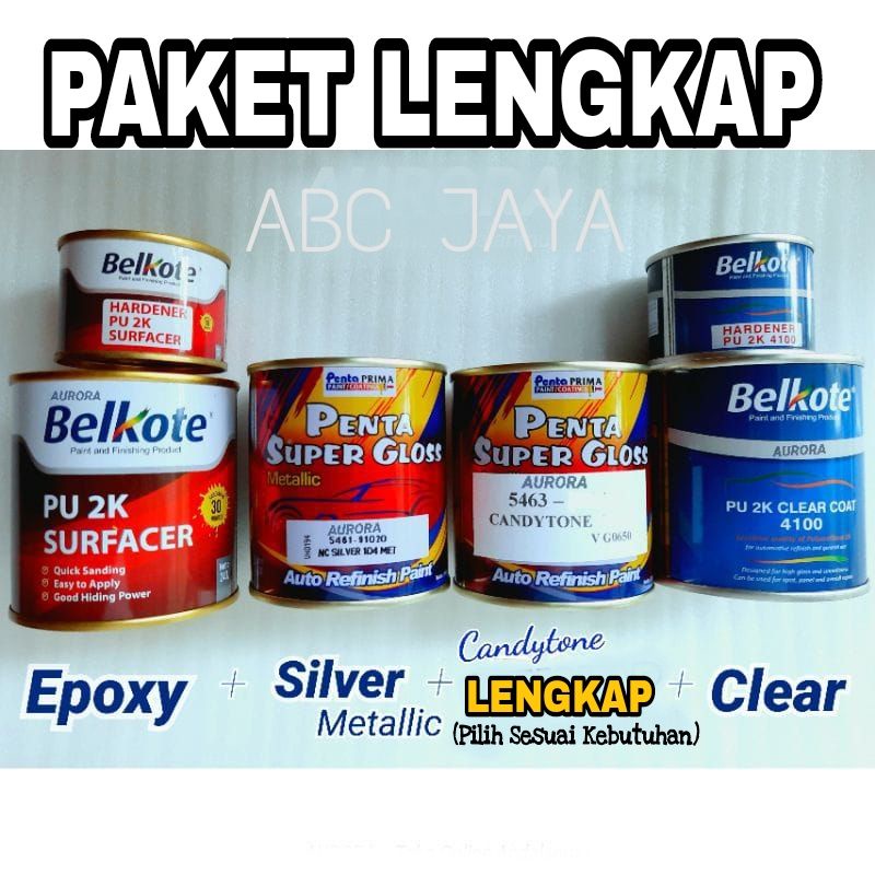 PAKET LENGKAP Cat Belkote Epoxy + Penta Super Gloss Silver 1D4 Metalik + Candytone (Merah, Kuning, H