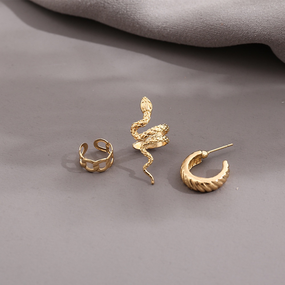 3pcsset Anting Tusuk Desain Rantai Ular Warna Gold Gaya Punk Untuk Wanita