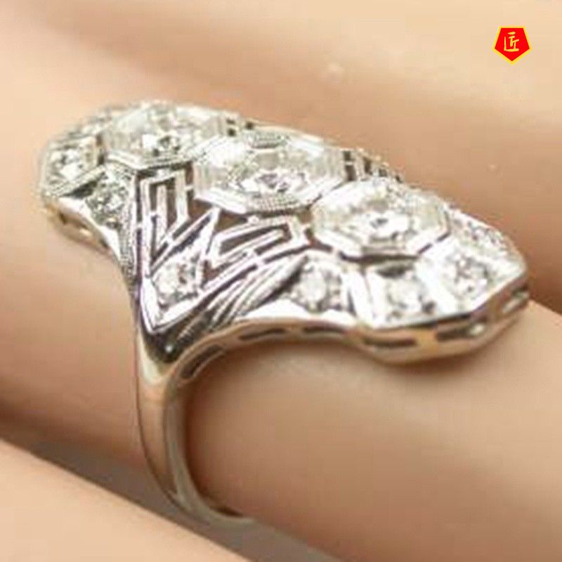 [Ready Stock]Exaggerated Inlaid Topaz Zircon Ring Hollow Jeweled Punk