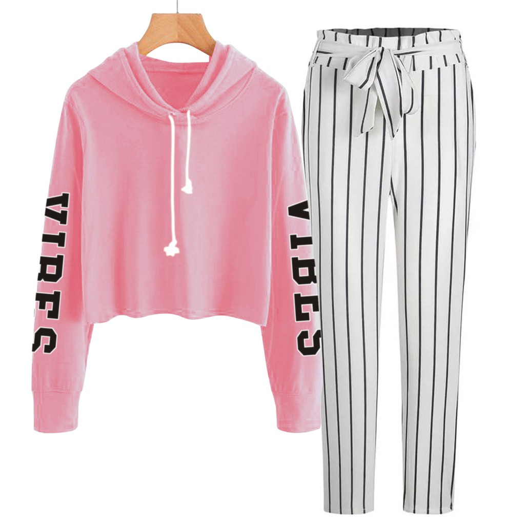 BESS - Baju Setelan Wanita Murah / Setelan Hoodie Crop + Celana Salur Putih - VIBE TANGAN