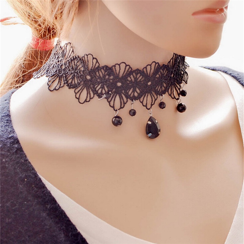 &lt; E2id &amp; &gt; Kalung Choker Lace Hitam Pendan Bunga Gaya Gotik Retro