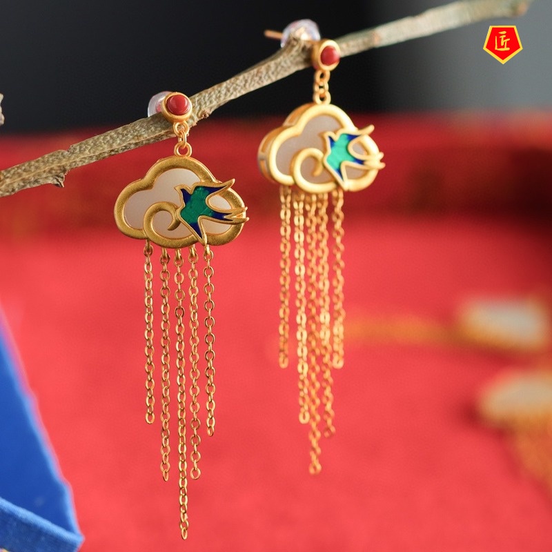 [Ready Stock]Gold Inlaid with Jade Vintage Earrings Classical Chinese Style