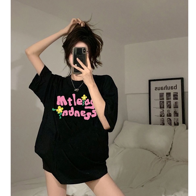 baju kaos wanita/korean style letters graphic printing lengan pendek hitam kaos