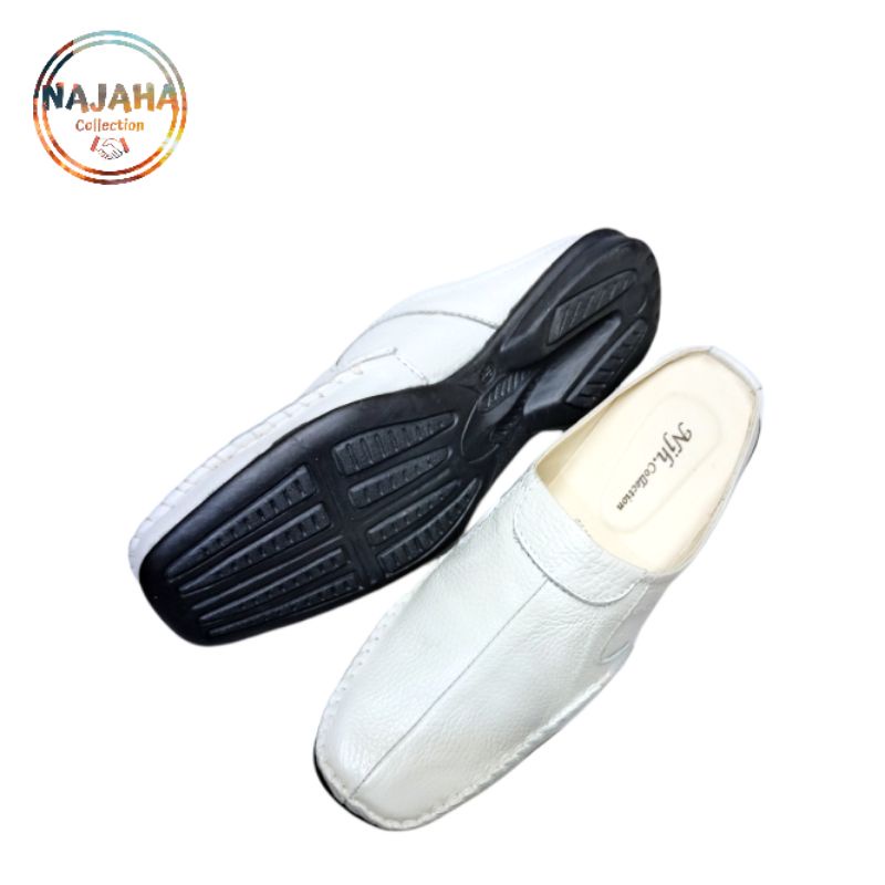 Bustong Sepatu Slop Putih Kulit Asli Laki Laki