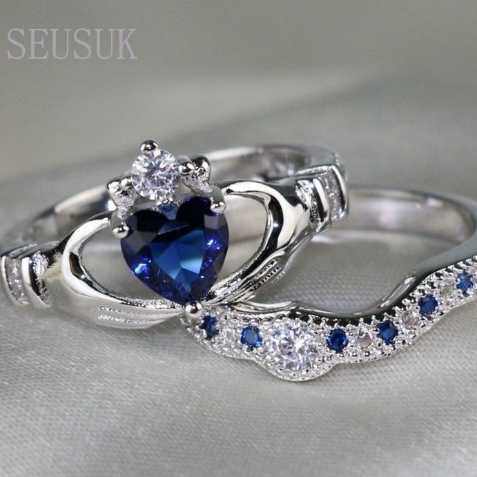 SEUSUK Couple Rings Blue Dragon Pattern Band Claddagh White Gold Filled Sapphire Wedding Ring