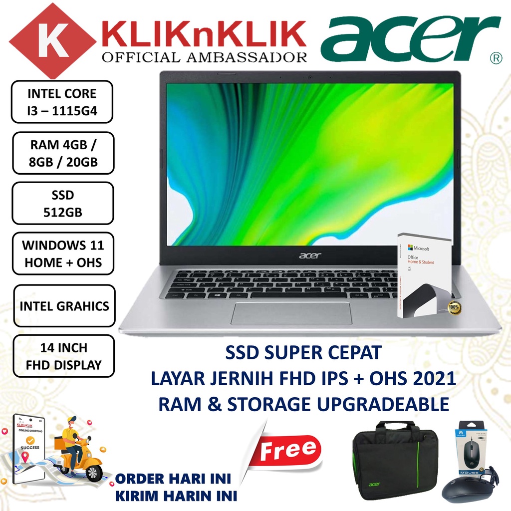 LAPTOP ACER ASPIRE SLIM 5 A514 54 i3 1115G4 RAM 4GB 8GB 512GB SSD 14 FHD Windows 11 Home Office 2021-0