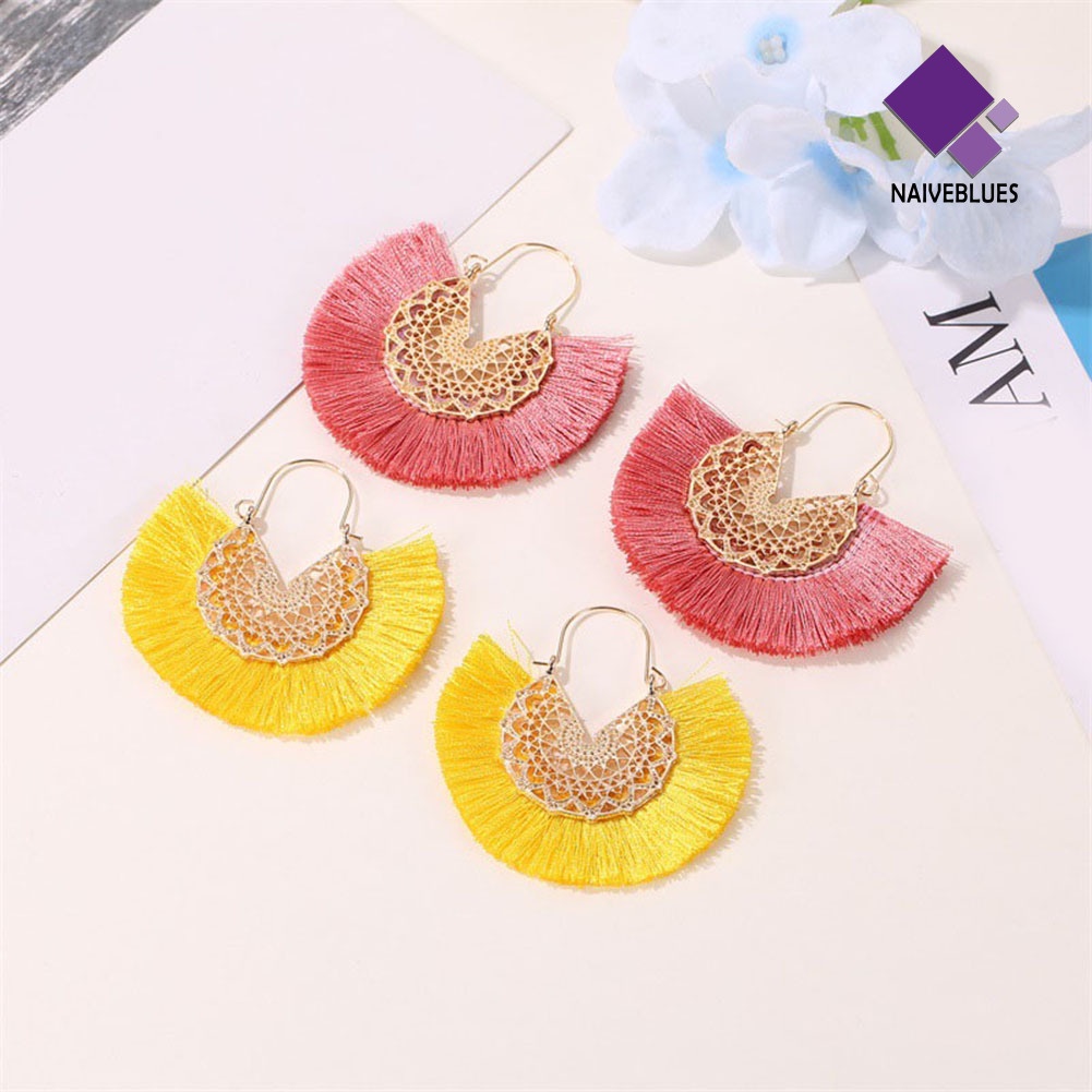 Anting Hoop Juntai Bentuk Kipas Bunga Rumbai Gaya Bohemian Untuk Wanita