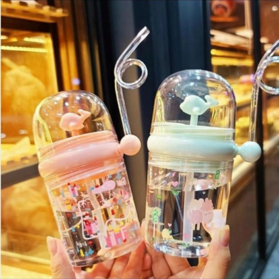 Botol minum anak sedotan air mancur BPA Free karakter lumba-lumba+tali