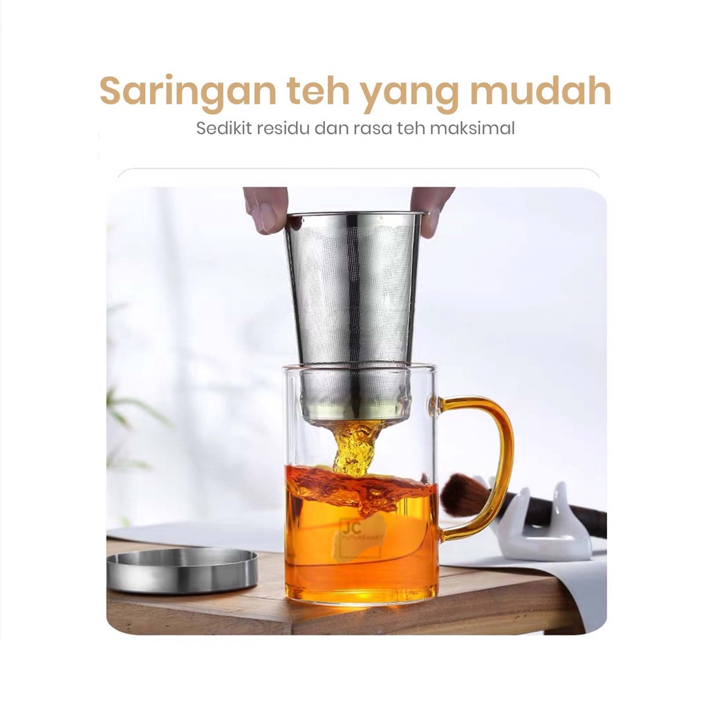 GELAS CANGKIR TEH KACA 400ML SARINGAN DAN TUTUP STAINLESS STEEL