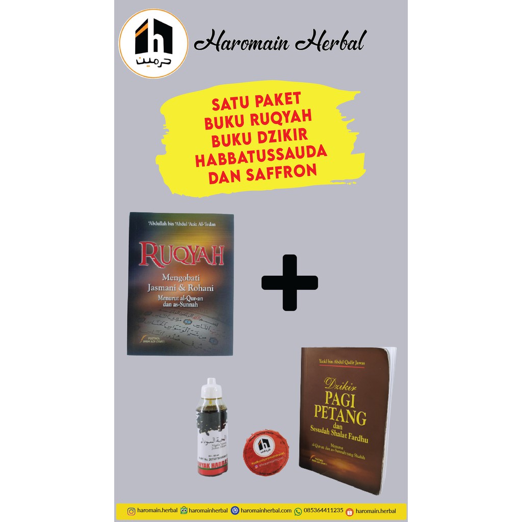 

Paket hemat Buku dzikir pagi petang, buku ruqyah, habbatussauda dan saffron