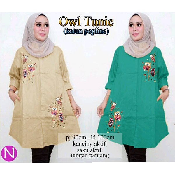 cn 58358 owl tunic tunik kemeja putih lengan panjang wanita murah simple elegan hujan muslim modis