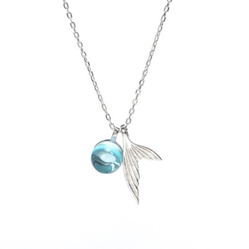 [Ready Stock]Fashion New Aquamarine Stone Man Fish Tail Crystal Pendant Necklace