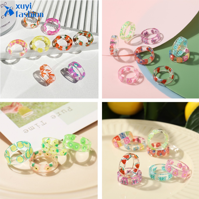 Fashion Colorful Transparent Fruits Pattern Resin Rings Female Geometric Round Lemon Strawberry Ring Jewelry Party Gifts