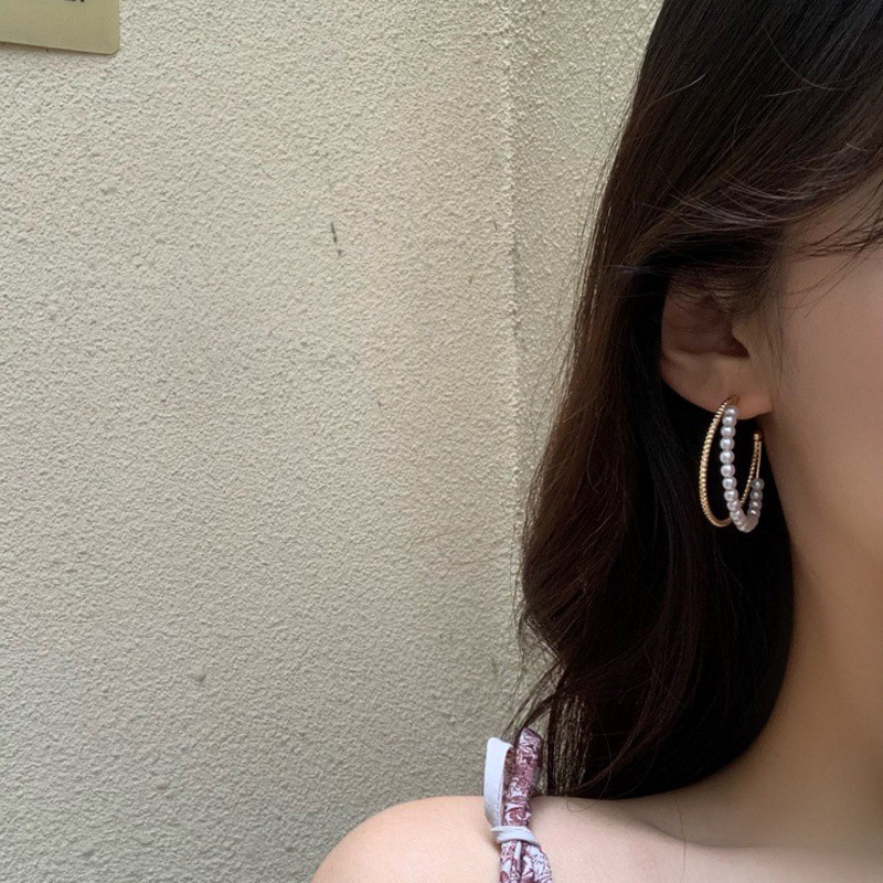 Anting S925 silver needle Bentuk C Ganda Aksen Mutiara Gaya Korea Untuk Musim Panas