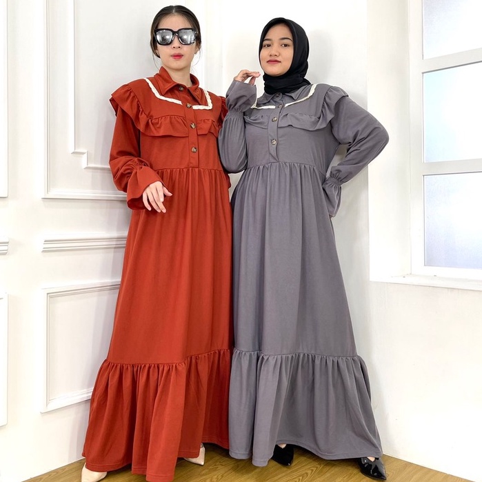 Gamis busui rumbai renda kerah kemeja rempel 2 susun tali pinggang bahan voxy premium merk cocobee (