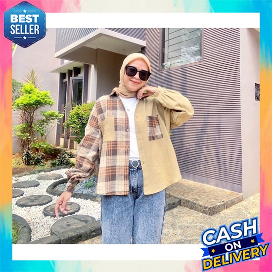 Kemeja Korean Style Jumbo Wanita Big Size Cewek Korea Kekinian Oversize Terbaru Hem Pocket Pattern S