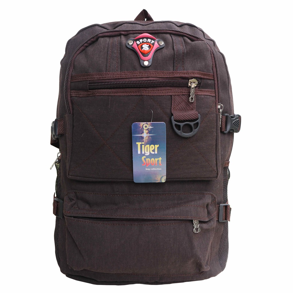 Tas Ransel Pria Kanvas Jahit Coklat Tua Backpack Outdoor Hiking Travelling