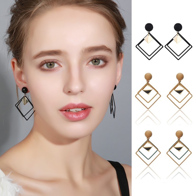 Anting Korea Anting Paduan Geometris Panjang Sederhana Anting Gigi Kotak Wanita