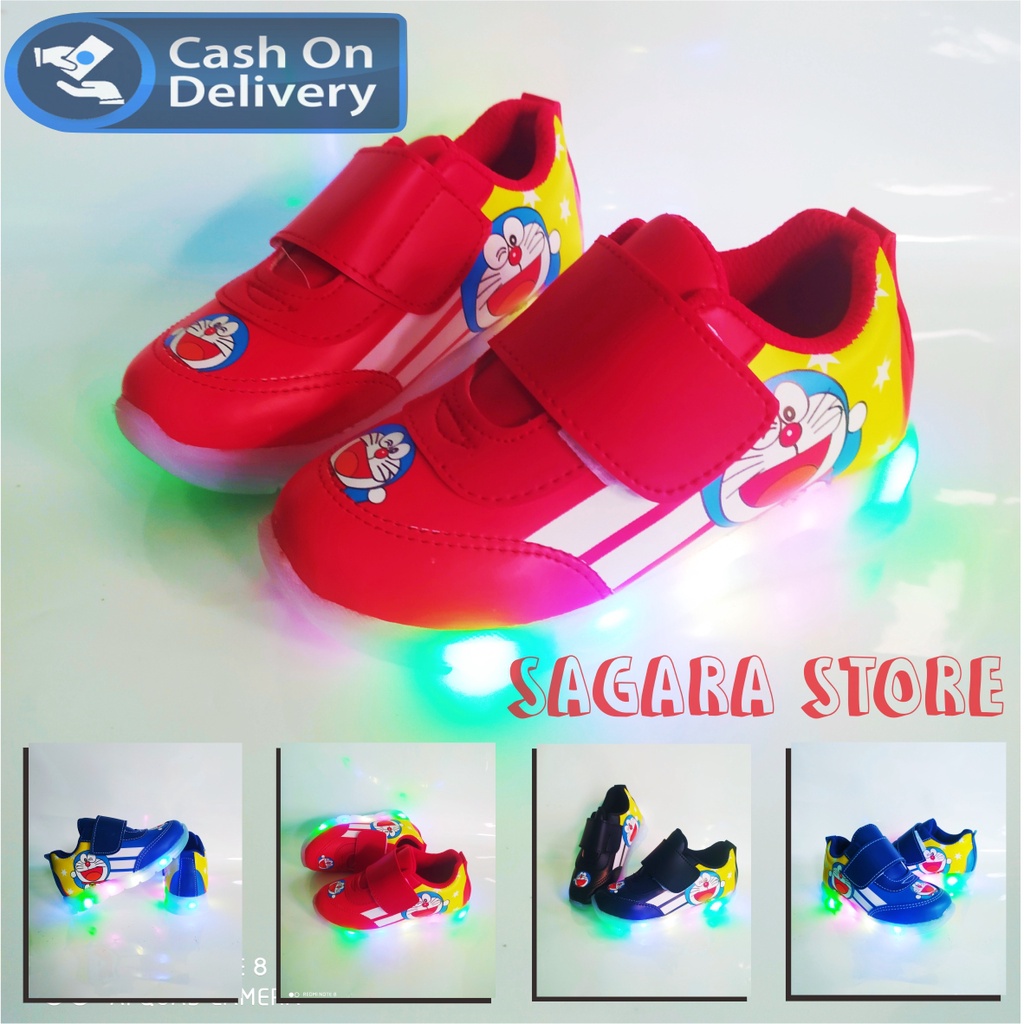 Sepatu sneaker lampu led mtif dora emon terbaru cod 1-5 thn