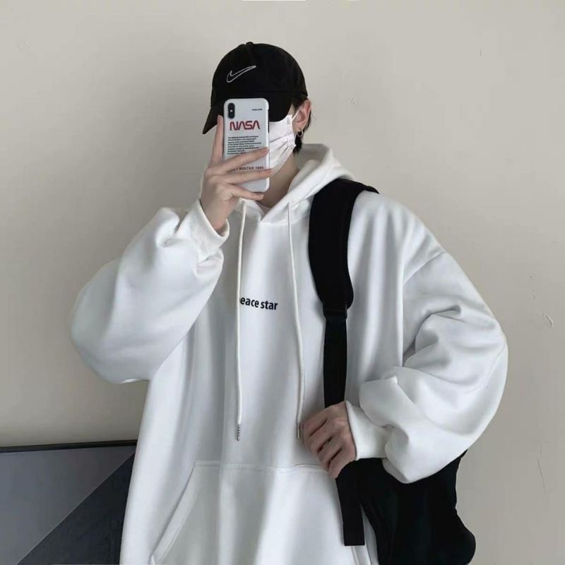 (S - 6XL) Hoodie Jumper Simple Style PEACE STAR Jaket Jumbo Korean Harajuku Style Hip Hop Pria Wanita Bigsize Oversize Minimalist Logo S M L XL XXL XXXL XXXXL 3XL 4XL 5XL HITAM putih BIG SIZE Jaketin Aja