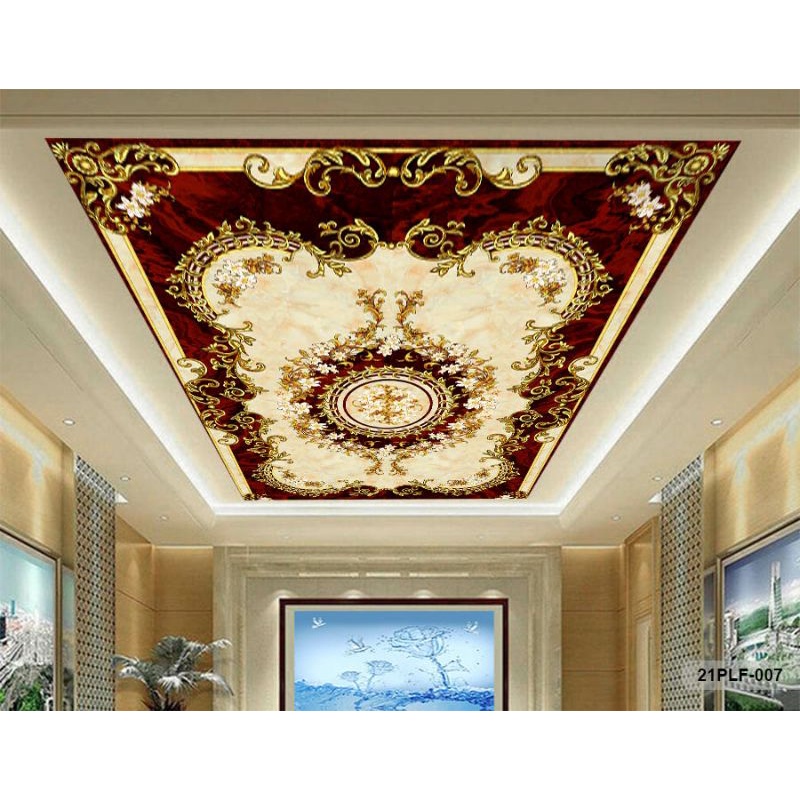 Wallpaper 3D Custom Plafon Latar Merah Batik Emas Klasik (21PLF-007)