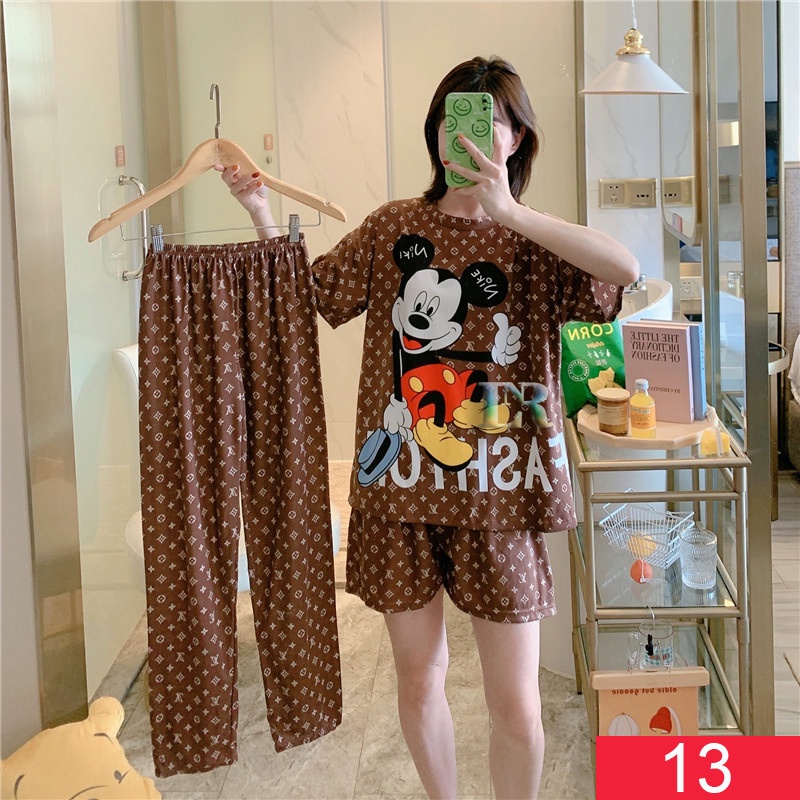 Baju Tidur Setelan Tiga Potong Celana Panjang + Pendek Piyama Wanita Dewasa 3 Potong pcs Kimono Lengan Pendek All Size Kimono Mickey Minnie Mouse