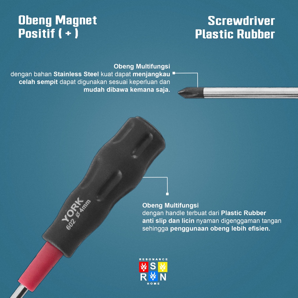 Obeng Magnet Gagang Plastik 6 Inch / Screwdriver York Plus (+) Resonance Home