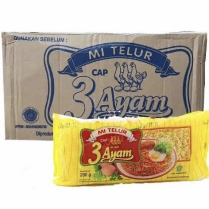 

Mi Telur / Mie Telor Cap 3 Ayam Per 1 Dus Karton Isi 20 Pcs X 200 Gr 030