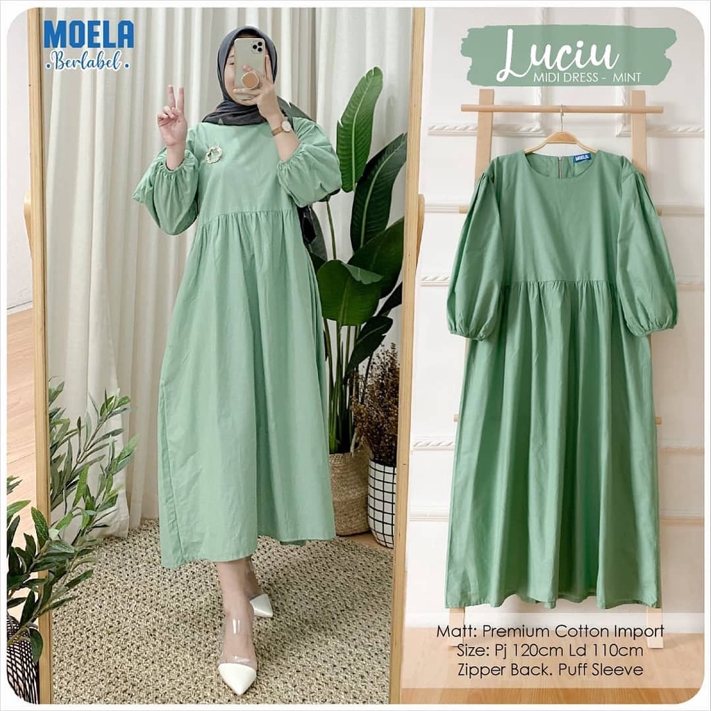 LUCIU Midi Dress Polos wanita Kekinian Terbaru Midi Dress Rayon  Polos Premium Moela