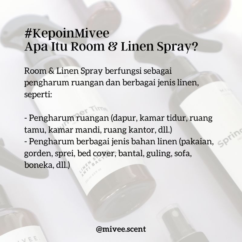 Mivee Room &amp; Linen Spray antibacterial anti virus pewangi pengharum bau apek hilang sofa bed room gorden 250 ml 100 ml