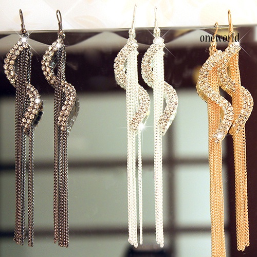 OW@ Women's Fashion S-Shape Long Tassels Rhinestone Hook Dangle Linear Earrings