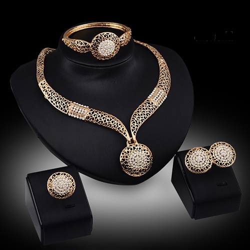 OW@ Women Banquet Wedding Party Hollow Rhinestone Necklace Bracelet Ring Earrings Set