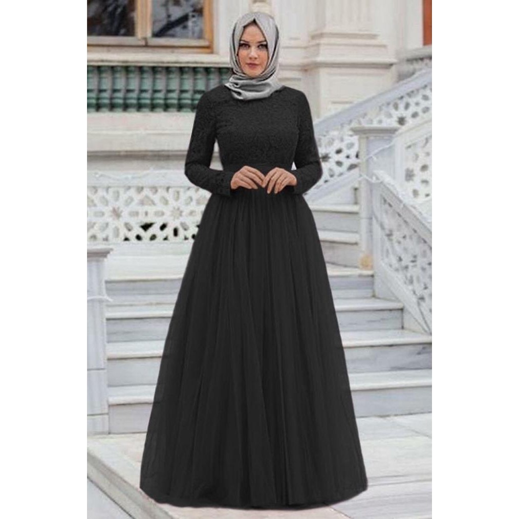 promo gamis pesta brukat hitam / gamis syari terbaru / maxi dress brukat terbaru