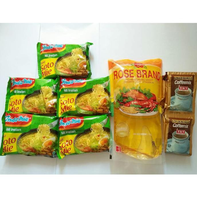 

Terlaris# Paket 6 (Indomie Soto 5 Pcs ,Rosebrand 1L,Indocafe Coffemix 1Renceng )