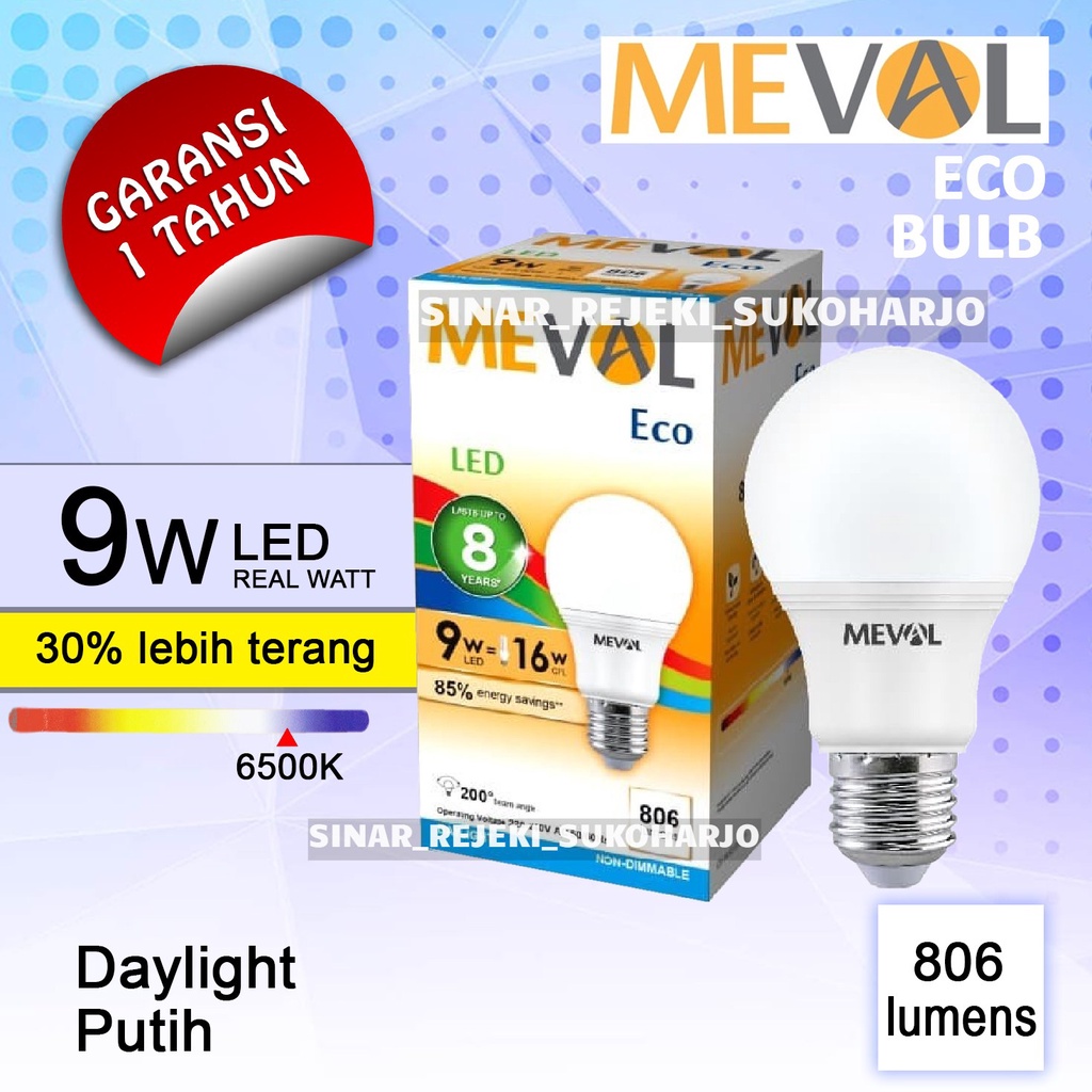 MEVAL Lampu Led Eco 9W Bulb Putih 9 Watt 9Watt