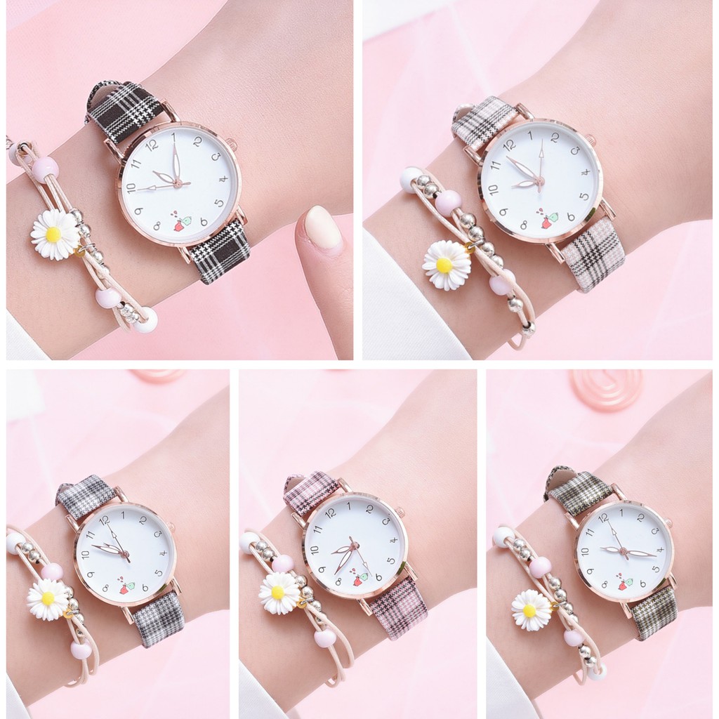 ✅ COD KUMA Jam Tangan Wanita Quartz Analog Motif Lucu Korean Fashion Dengan Tali Kotak-Kotak Import