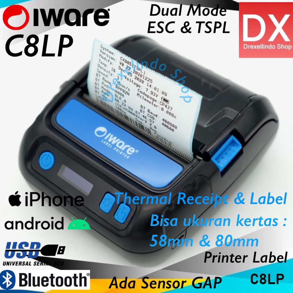Printer Mobile Bluetooth Label Sticker Thermal 80mm Iware IW-C8LP C8LP