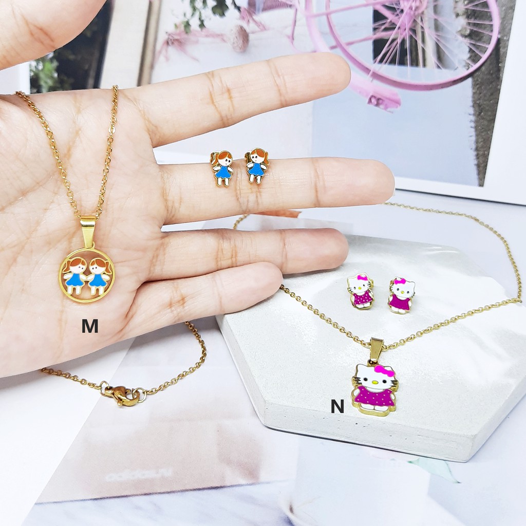 Titanium Anak Kalung Anting Set Kitty Kupu Capung Kuda - BS030