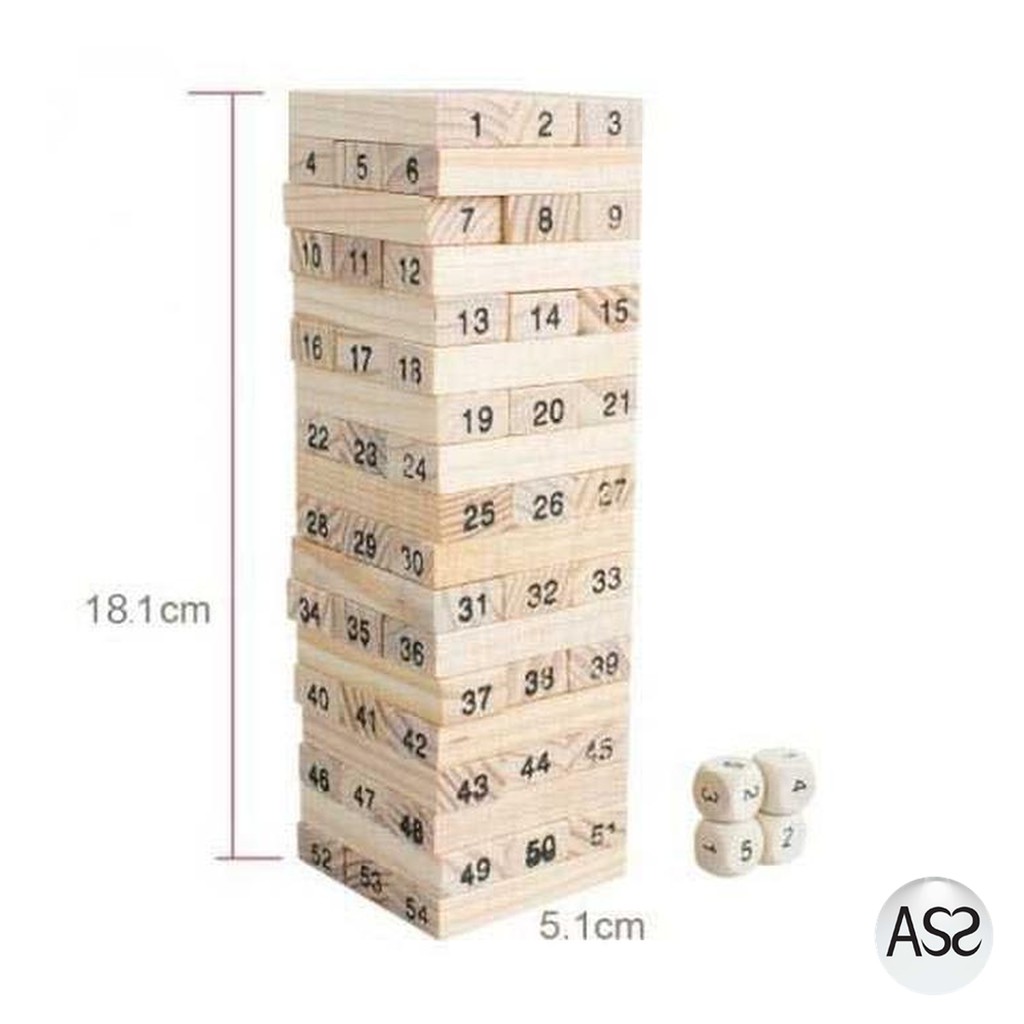 ASS Shop - Permainan Uno Stako Kayu 54 Balok dengan 4 Dadu