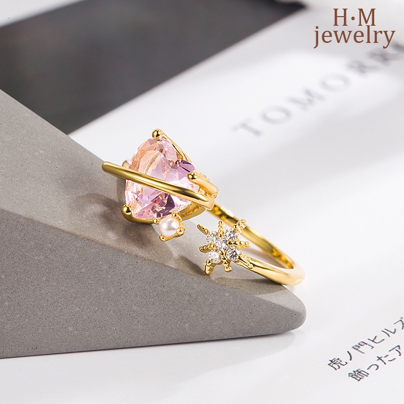 Cincin Model Terbuka Desain Hati Hias Zircon AAA Warna Pink Untuk Wanita