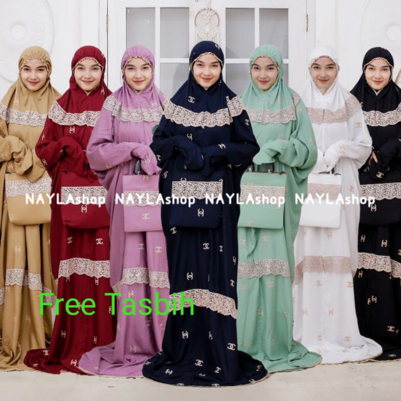 Mukena Terusan Dewasa Katun Rayon Foil Premium Bordir Bunga Mukenah Lajuran Anak Remaja Telekung Tan