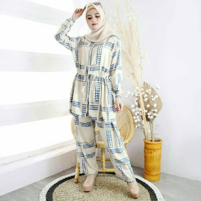 baju setelan celana dan tunik motif cantik/setcel Busui/setcel jumbo/bahan rayon  impor