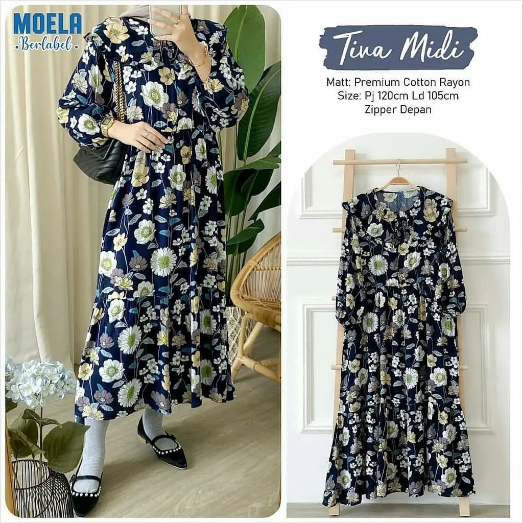 Tiva Midi Dress Rayon Ld 110 cm Gamis Motif Bunga Premium Homey Dress