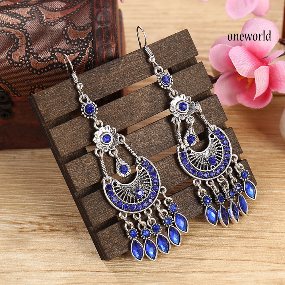 OW# Bohemian Women Rhinestone Crescent Moon Long Fringe Hook Earrings Jewelry Gift