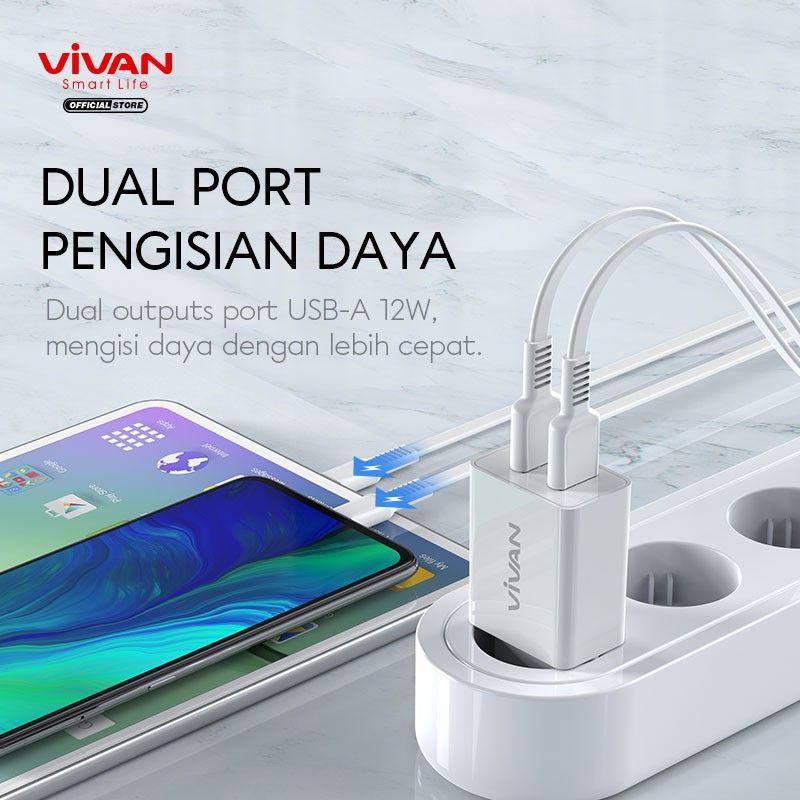 CHARGER VIVAN Dual USB 2.4A DD02 12Watt With Cable Fast Charging 12Watt Gratis Kabel Termurah