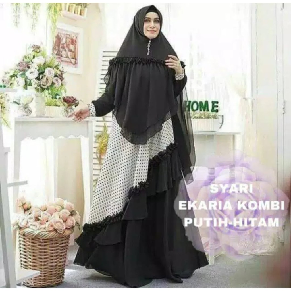 SYARI EKARIA POLKA KOMBI PUTIH / GAMIS RAMPLE / FASHION WANITA